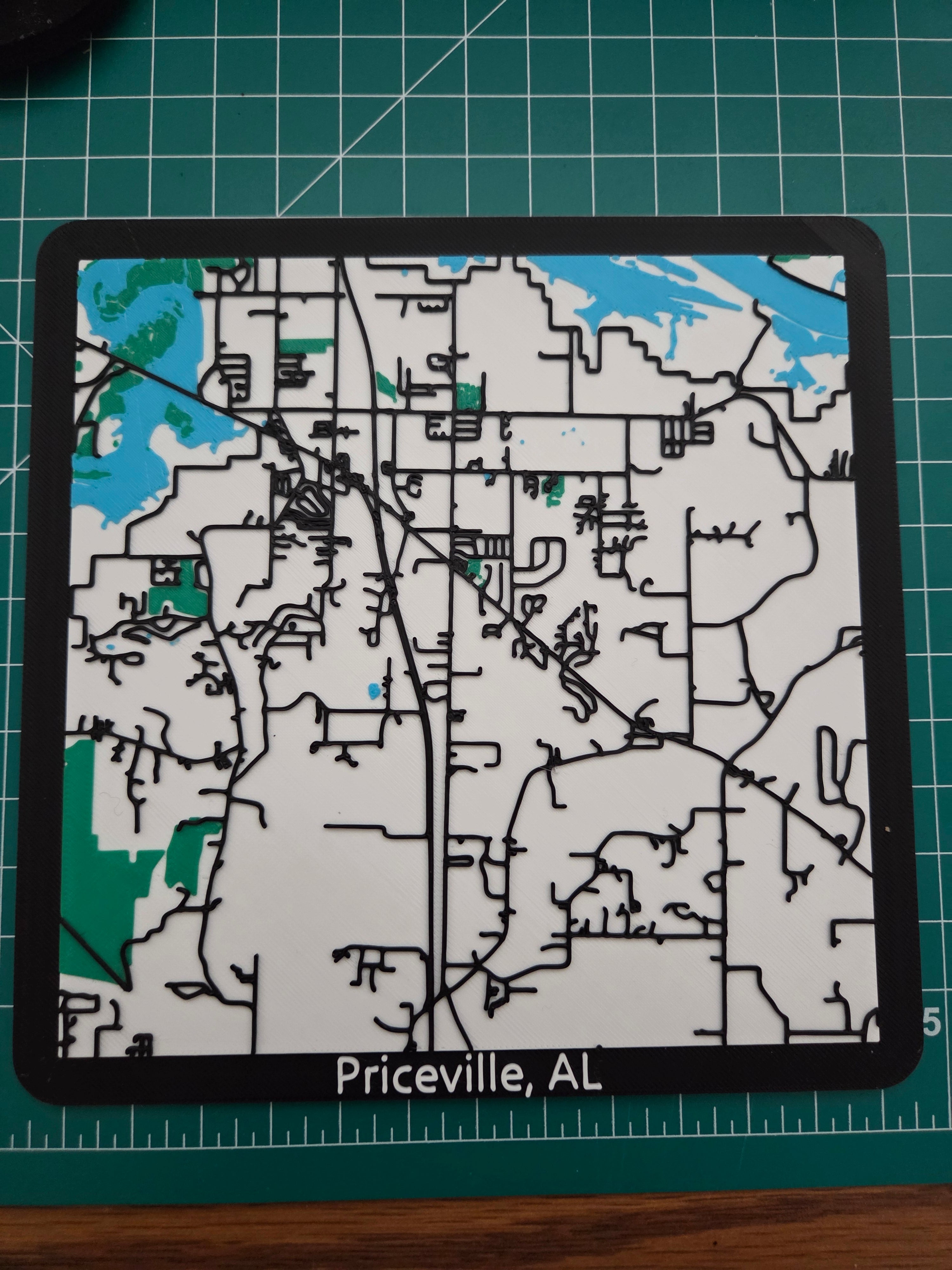 Map of Priceville, AL on a cutting mat